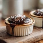 Cottage Cheese Peanut Butter Mousse with chocolate drizzle and sea salt on wooden board