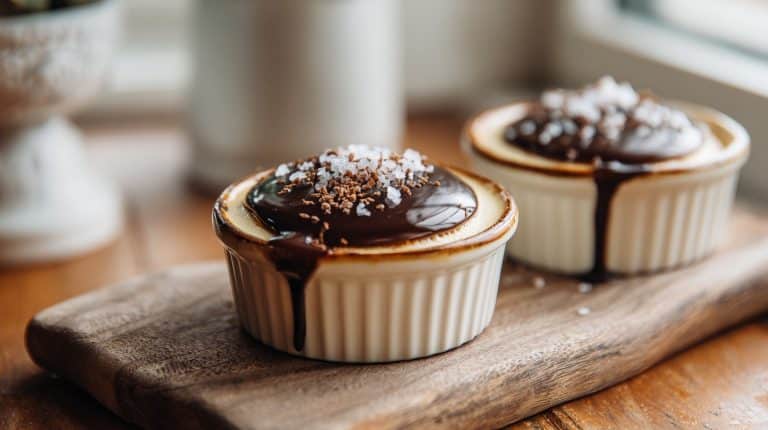 Cottage Cheese Peanut Butter Mousse with chocolate drizzle and sea salt on wooden board