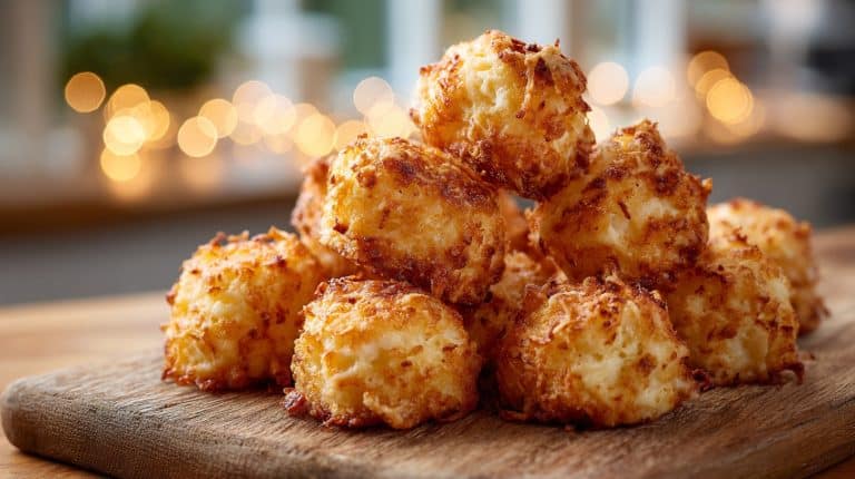 Golden crispy Cottage Cheese Tots on a rustic wooden board.