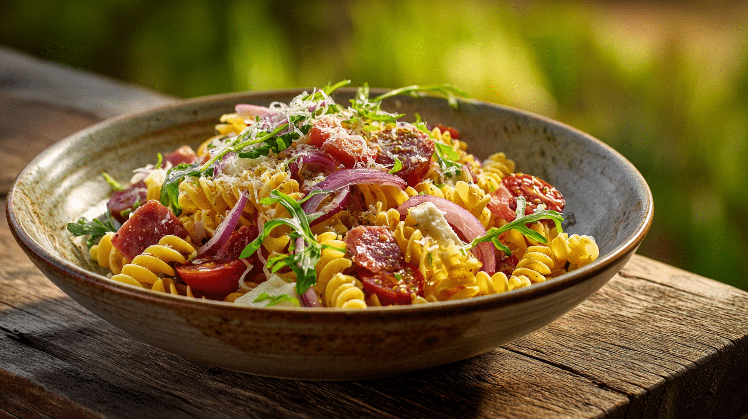 The Viral Crispy Pasta Salad That's Actually Worth the Hype 25 Golden crispy fusilli pasta salad with salami, cherry tomatoes, and parmesan in a ceramic bowl.