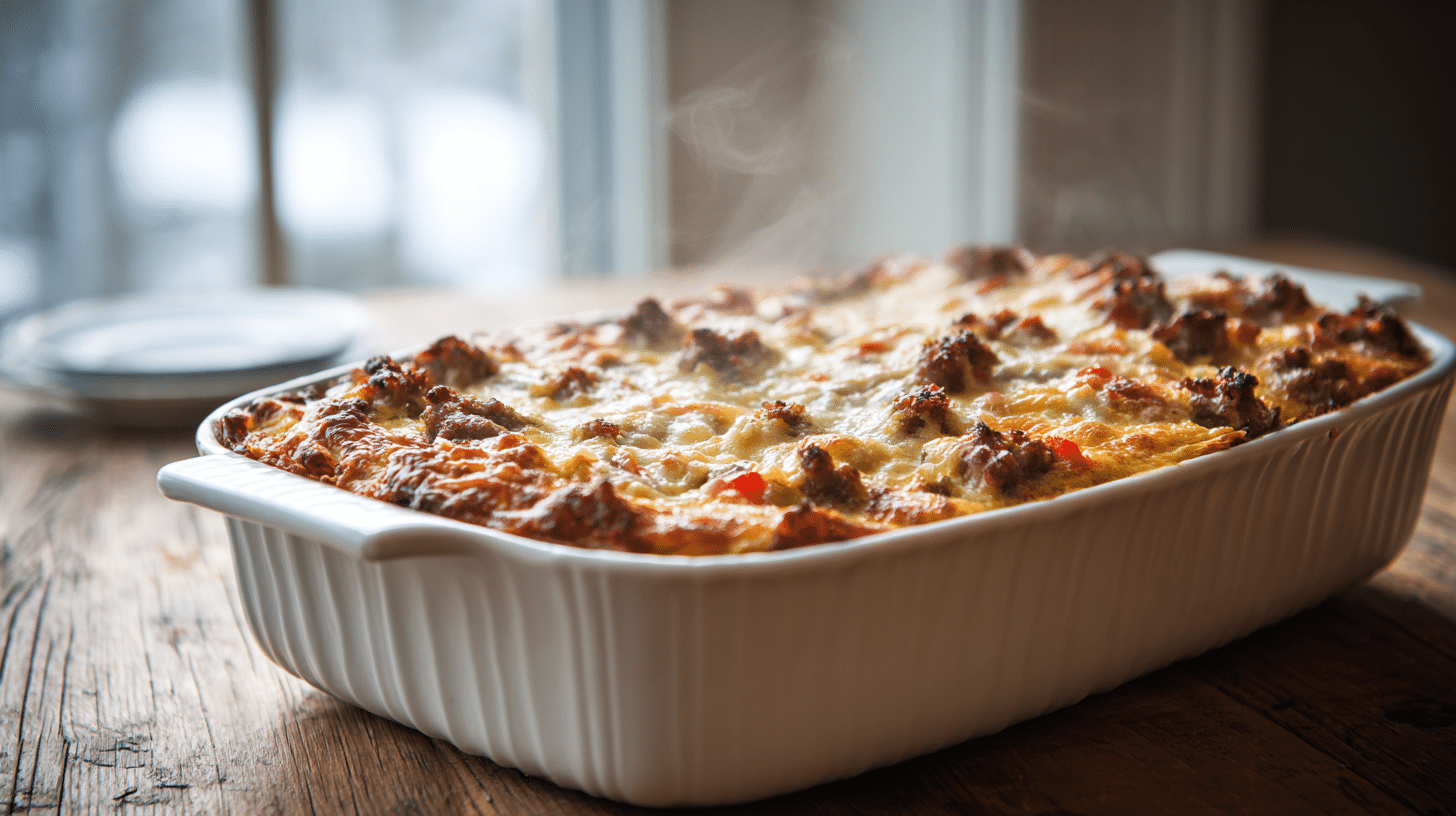 The Easy Easter Breakfast Casserole That Feeds a Crowd 27 Golden brown easter breakfast casserole recipe with cheese and sausage.