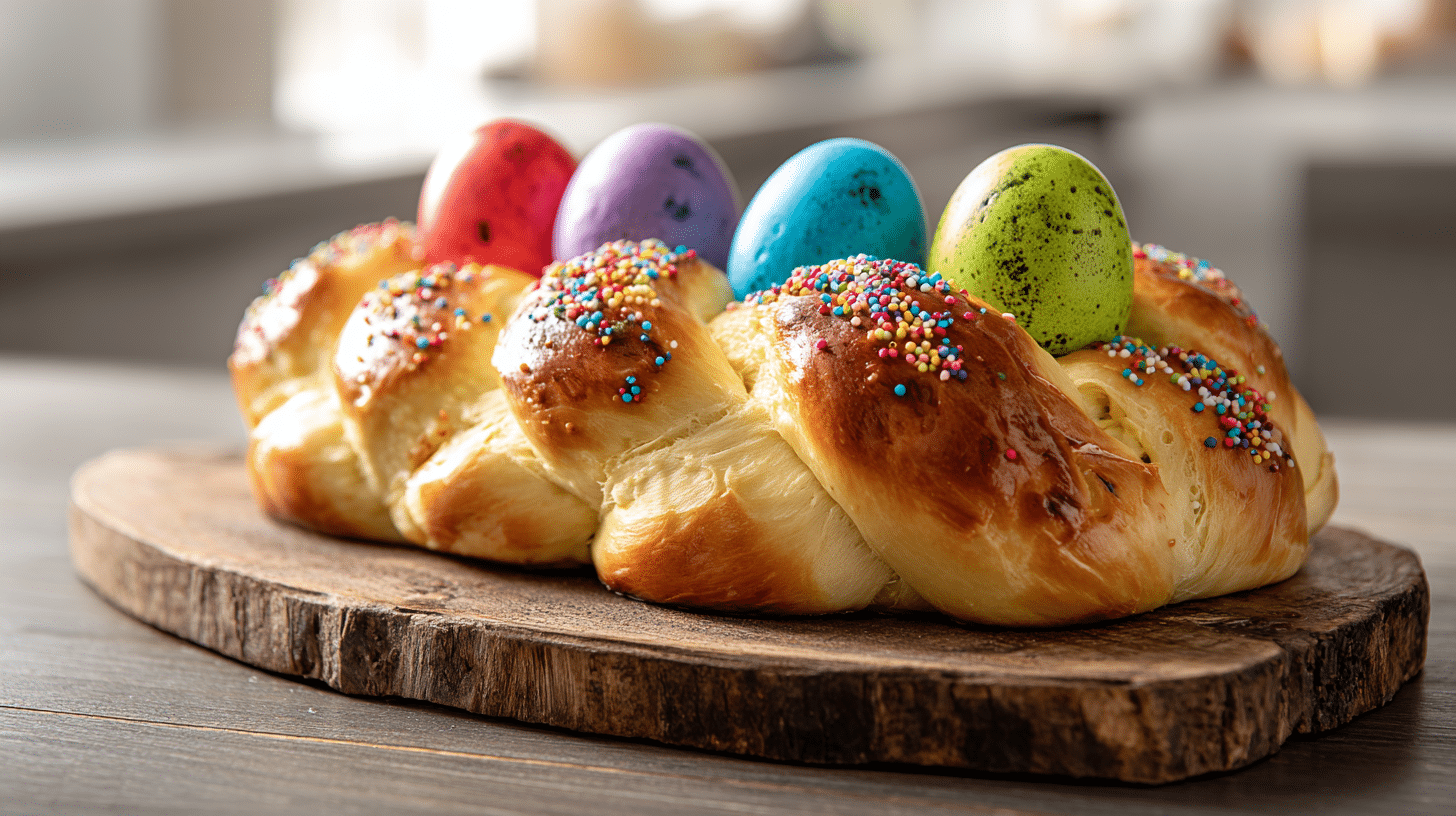 How to Make the Easiest Italian Easter Egg Bread Recipe (It's So Much Fun) 32 Golden Italian easter egg bread recipe with dyed eggs and sprinkles.