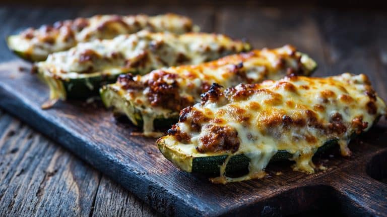 Golden brown Ground Beef Zucchini Boats with melted cheese on a rustic board.
