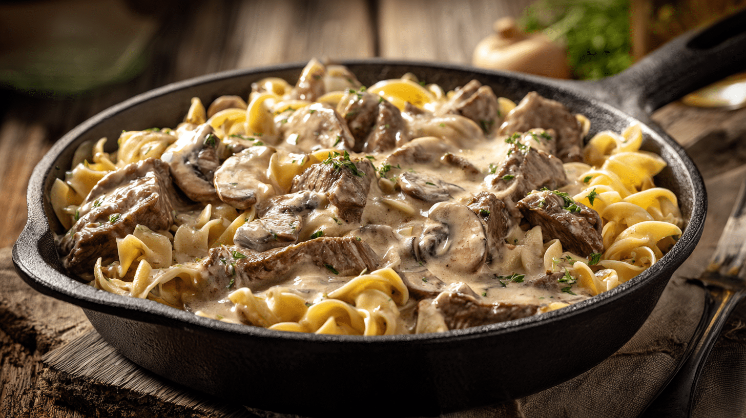 Easy High Protein Beef Stroganoff with a Creamy Greek Yogurt Sauce 24 High protein beef stroganoff in a skillet with creamy sauce and noodles.
