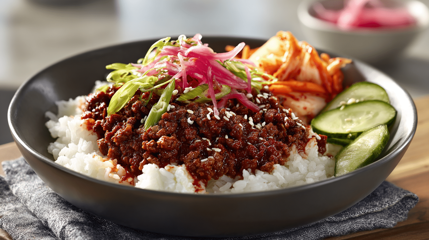 High Protein Korean Beef Bowls Ready in Under 30 Minutes (with a Creamy Twist) 30 High protein Korean beef bowl with glossy gochujang-glazed beef, cottage cheese, kimchi, and sesame seeds.
