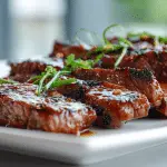 Grill pan honey glazed steak strips with caramelized glaze, juicy sliced beef, and grill marks on a modern plate