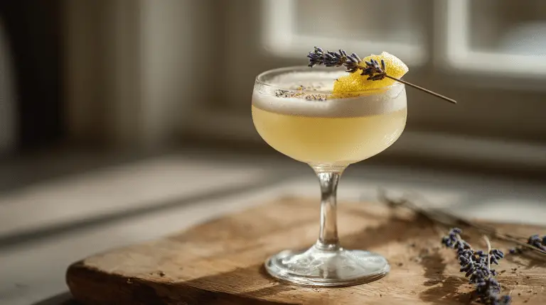 Lavender lemon drop recipe in a frosted coupe glass.