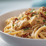 Marry me chicken pasta in a creamy sauce with sun-dried tomatoes.