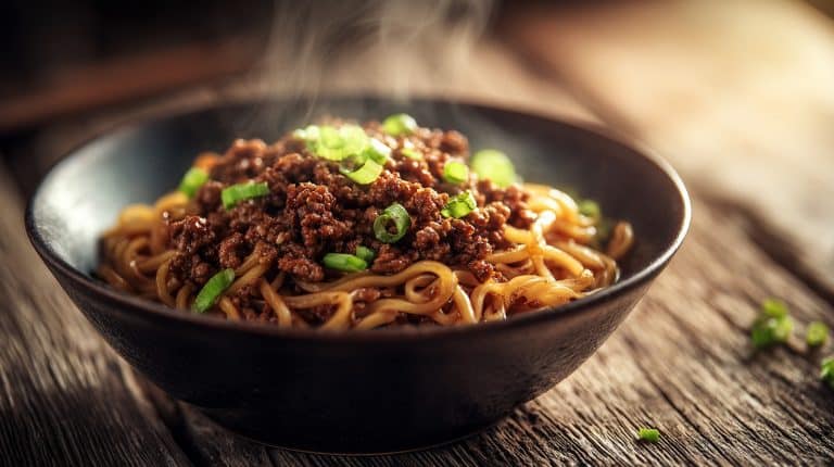 Glossy Mongolian Ground Beef Noodles with green onions in a dark bowl.
