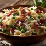 Pasta salad with peas, basil, and parmesan in a wooden bowl.
