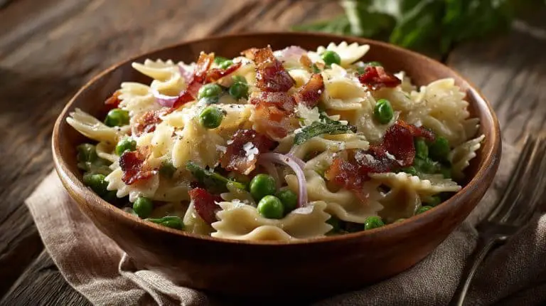 Pasta salad with peas, basil, and parmesan in a wooden bowl.