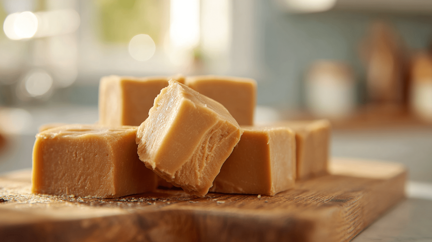 Easy Microwave Peanut Butter Fudge in Just 5 Minutes Active Time 18 Creamy homemade peanut butter fudge on a wooden board.