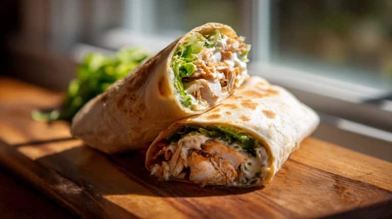 Rotisserie Chicken Wrap cut open showing creamy filling.