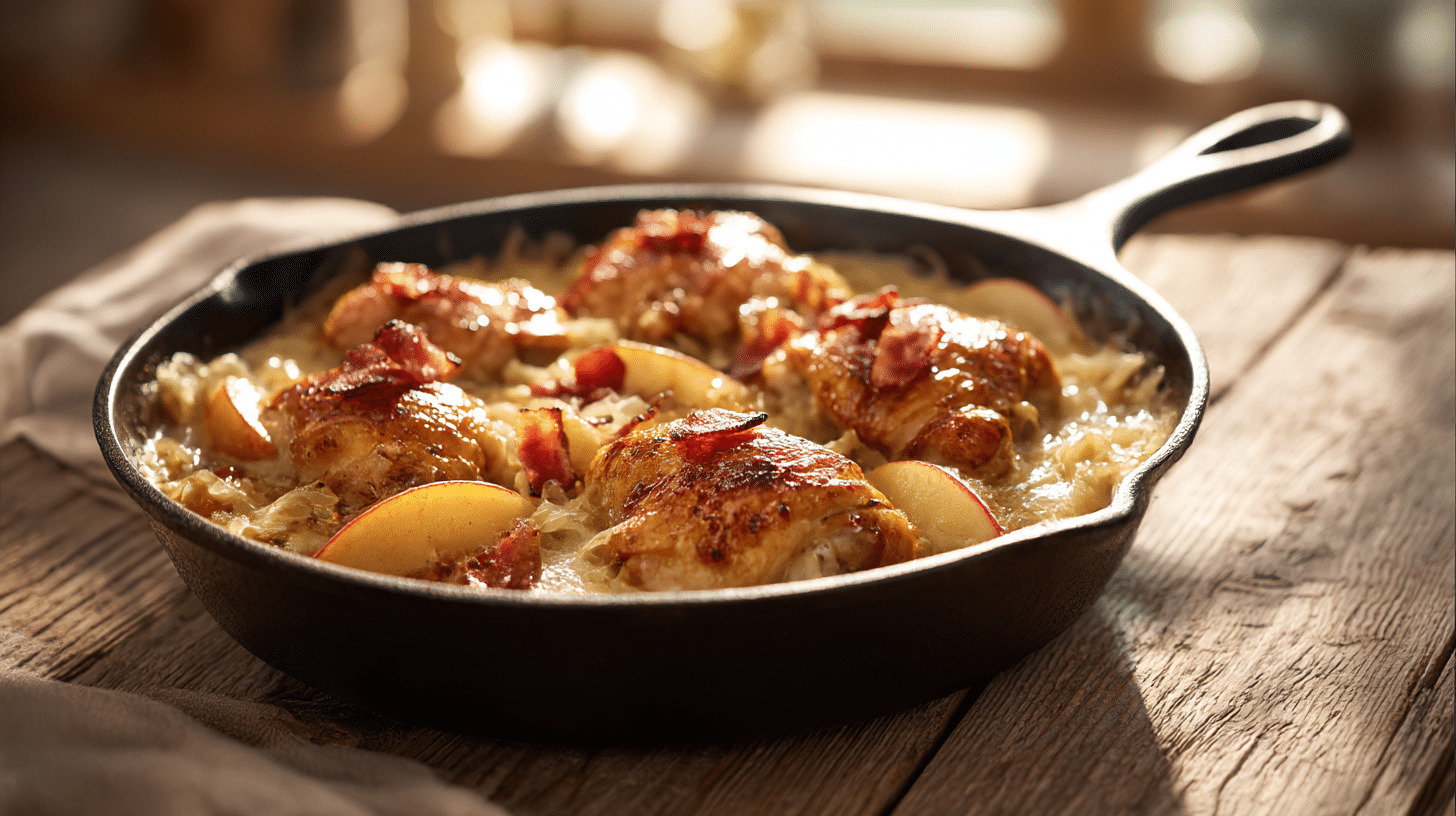 Sauerkraut Chicken in skillet with bacon