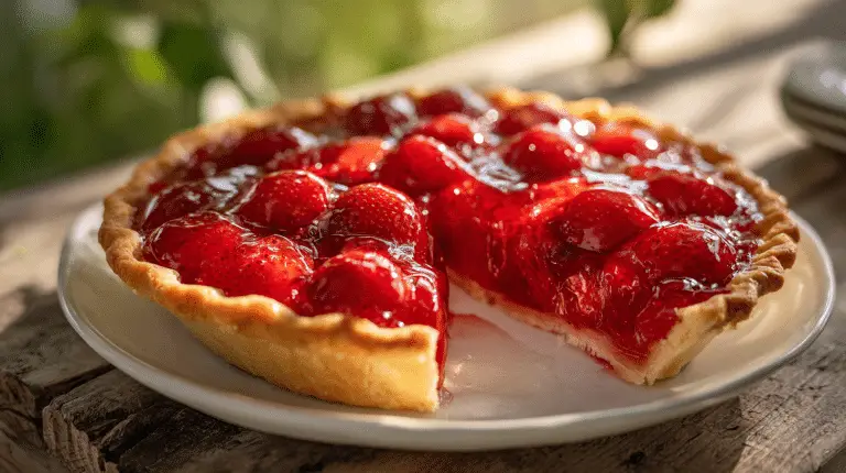 Shoneys strawberry pie recipe slice with glossy glaze and fresh strawberries.