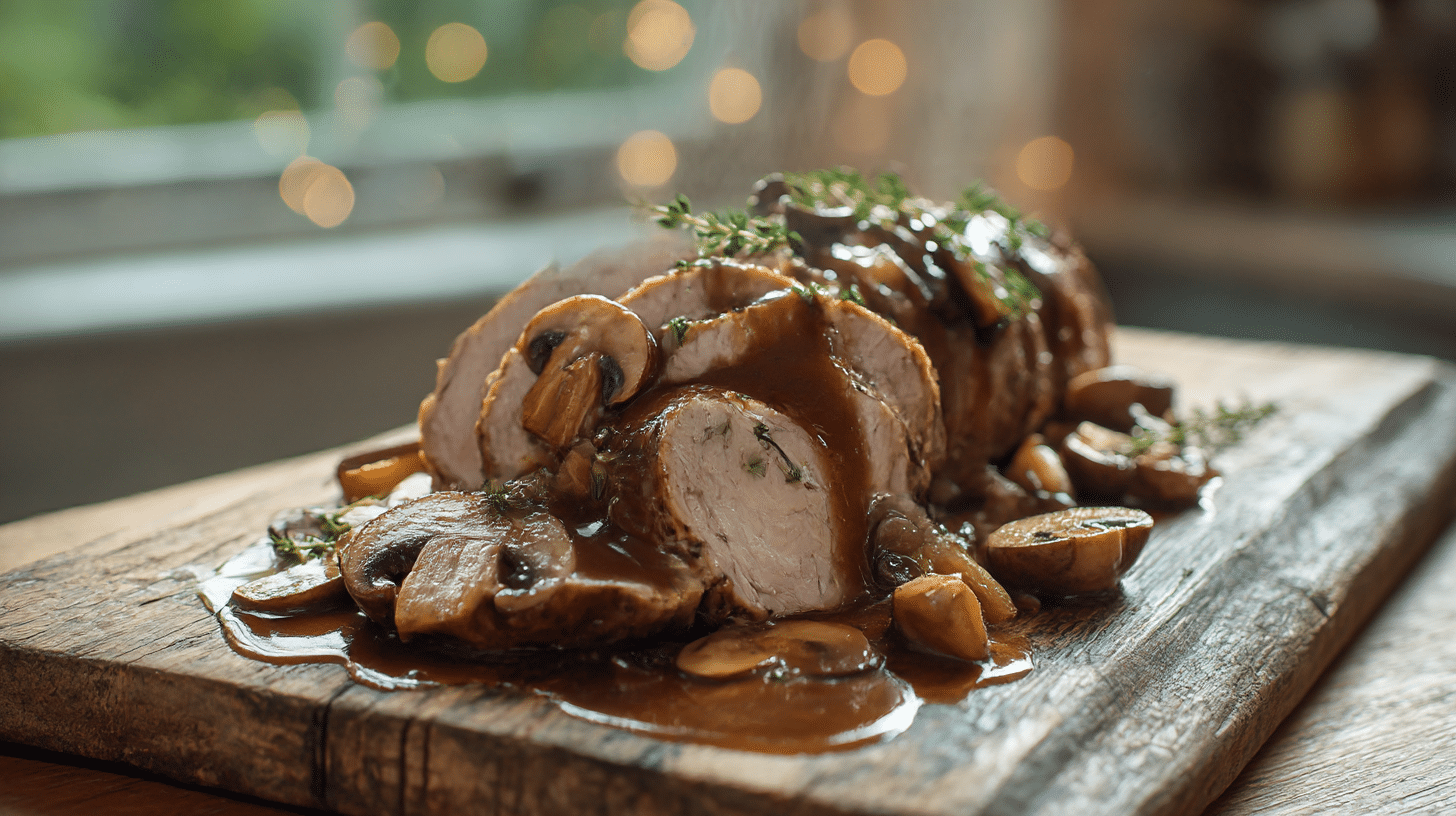 Slow Cooker Pork Loin with Sherried Mushroom Gravy (So Tender!) 30 Sliced Slow Cooker Pork Loin smothered in rich mushroom gravy.