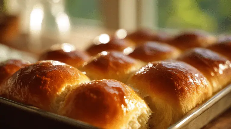 Golden brown sourdough discard dinner rolls in a baking pan.
