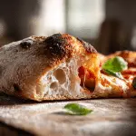 Golden sourdough discard pizza with melted cheese on a wooden peel.