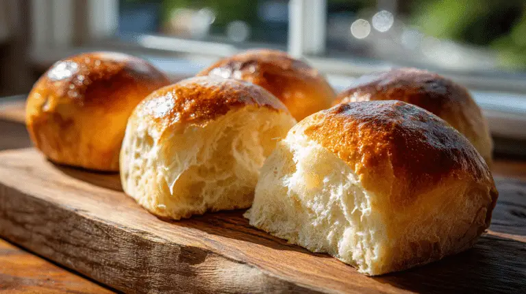 Golden homemade sourdough hamburger buns on a wooden board.
