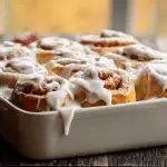 Freshly baked sourdough pumpkin cinnamon rolls with cream cheese frosting.