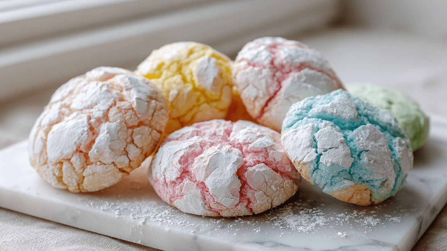 Pastel springtime crinkle cookies with powdered sugar