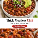 Thick vegetarian chili with beans topped with avocado and jalapenos in a bowl, bright natural light food photography