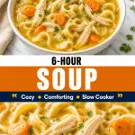 Crockpot chicken noodle soup with shredded chicken, egg noodles, carrots, and celery in golden broth