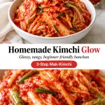 Glossy red homemade kimchi in a white bowl with napa cabbage, green onions, daikon, and gochugaru paste on a bright white surface.