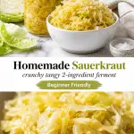 Glass jar and bowl of golden homemade sauerkraut with glossy brine, fresh cabbage leaves, and sea salt on a bright marble surface.