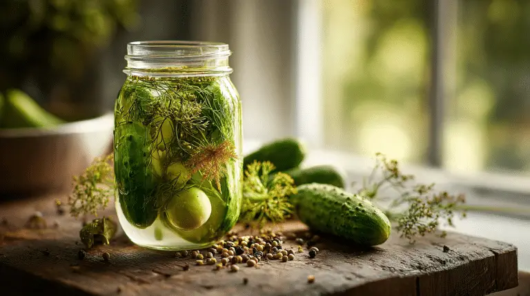 Fermented pickles recipe ingredients on linen with cucumbers and dill.