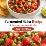 Bright fermented salsa with diced tomatoes, onion, jalapeño, garlic, and cilantro in glossy natural brine.