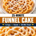 Golden crispy funnel cake dusted with powdered sugar on a plate