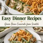 Creamy green bean casserole topped with crispy fried onions in a baking dish