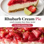 No-bake rhubarb cream pie slice with ruby rhubarb strawberry topping, creamy white filling, and golden graham cracker crust on a bright plate.