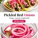 Bright pink quick pickled red onions in a glass jar with glossy brine, served on tacos with fresh cilantro.