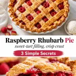 Golden lattice raspberry rhubarb pie with glossy ruby filling bubbling through the crust, fresh raspberries, and flaky pastry on a bright white surface.