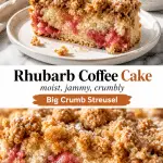 Slice of rhubarb coffee cake on a white plate with golden big crumb streusel topping, moist sour cream cake crumb, and jammy pink rhubarb pockets in bright natural light.