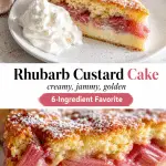 Slice of rhubarb custard cake on a white plate with creamy custard layer, jammy pink rhubarb ribbons, golden caramelized crust, powdered sugar, and whipped cream in bright natural light.