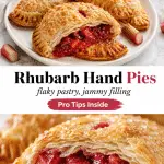 Golden rhubarb hand pies with flaky crimped pastry, coarse sugar tops, and glossy strawberry rhubarb filling on a bright white plate.
