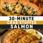 Broiled salmon stuffed with creamy crab and spinach filling topped with crispy Parmesan breadcrumbs.