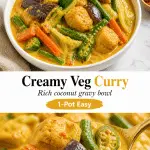 Golden coconut vegetable curry with tofu puffs eggplant and okra in a bowl, bright natural light food photography