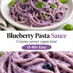 Creamy spaghetti coated in pale purple blueberry sauce with fresh basil leaves on a white plate, bright natural light food photography