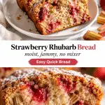 Slices of strawberry rhubarb bread on a white plate with golden crust, moist crumb, jammy strawberry pockets, pink rhubarb pieces, powdered sugar, and fresh fruit on a bright light marble surface.