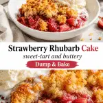 Warm strawberry rhubarb dump cake in a white bowl with golden buttery crisp topping, glossy ruby fruit filling, and melting vanilla ice cream in bright natural light.