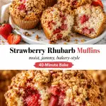 Golden strawberry rhubarb muffins with buttery streusel topping, moist yogurt crumb, jammy pink strawberry rhubarb pockets, and fresh fruit on a bright light marble surface.