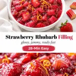 Glossy strawberry rhubarb pie filling in a white bowl with deep magenta fruit chunks, thick syrup, and orange zest on a bright white surface.