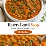 Hearty vegetarian lentil soup with carrots and parsley in a bowl, bright natural light food photography