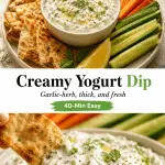 Creamy garlic-herb yogurt dipping sauce in a bowl with fresh dill, mint, pita chips, carrot sticks, and cucumber spears.