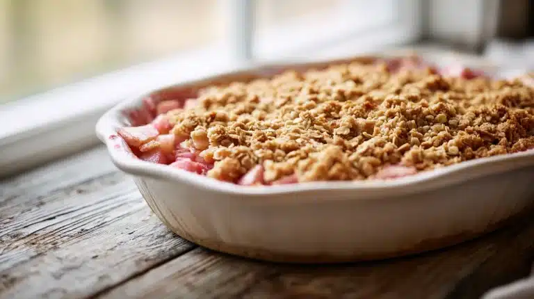 Golden Apple Rhubarb Crisp with bubbling filling on a wooden table.
