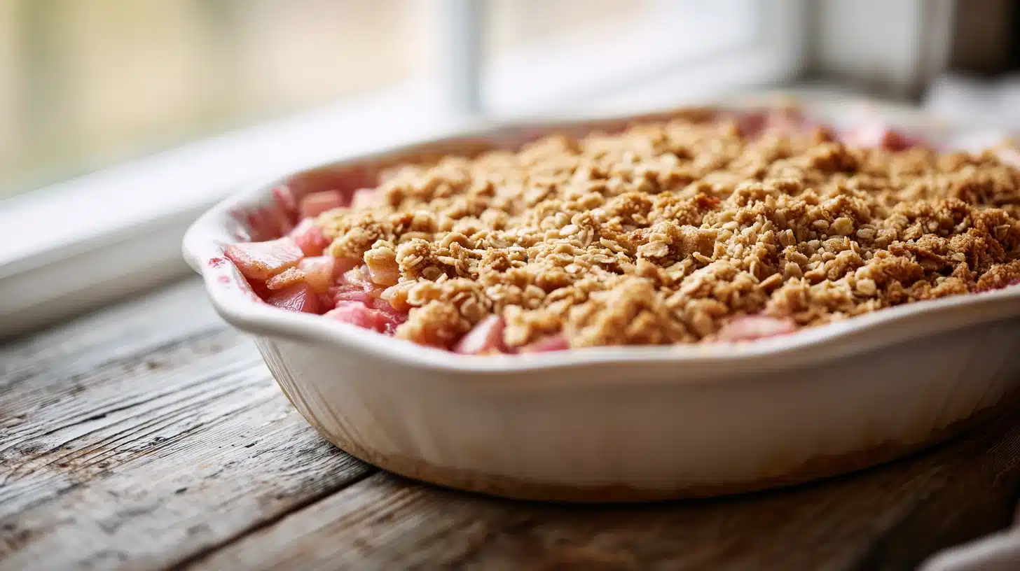 This Easy Apple Rhubarb Crisp Gets a Zesty Kick from Fresh Ginger 23 Golden Apple Rhubarb Crisp with bubbling filling on a wooden table.